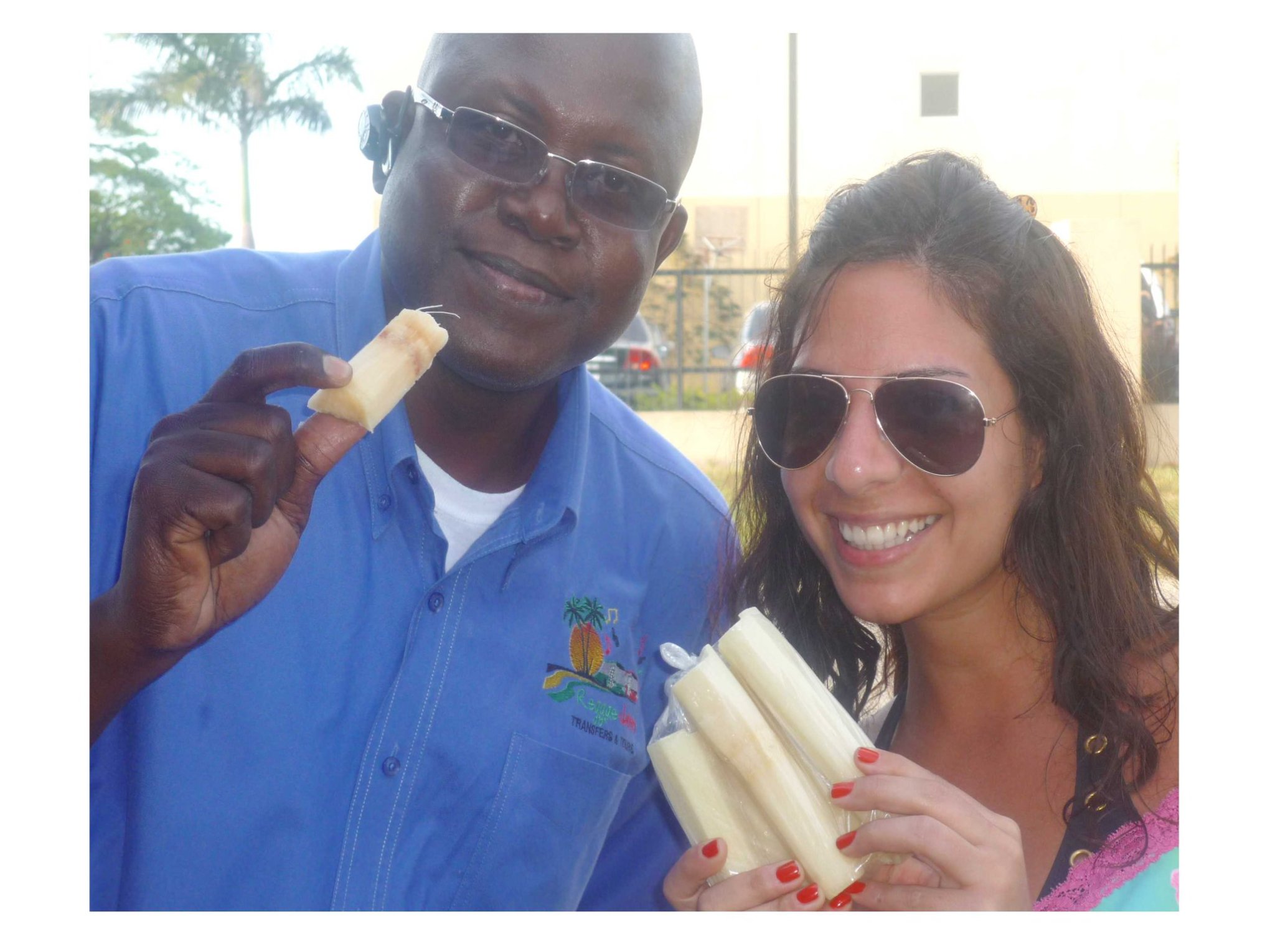 Driver having Jamaican sugarcane with guest